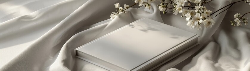 Poster - A white book is on a white cloth. The cloth is draped over a table. The book is open to a blank page