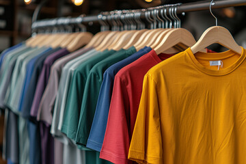 Sticker - Colorful t-shirts on hangers in a clothing store