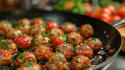 Wall Mural - Meatballs with tomato sauce on frying pan, closeup. Healthy food