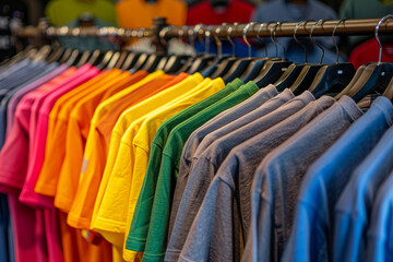 Sticker - Colorful t-shirts on hangers in a fashion store