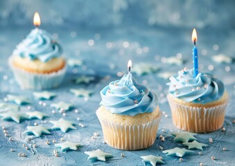 Poster - Light blue birthday background, cupcakes, Candle, stars in the background, simple 