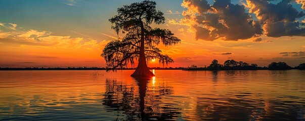 Wall Mural - Cypress Tree Silhouette at Sunset