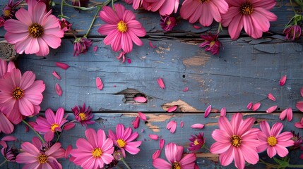 Fototapete - A wooden frame with pink flowers surrounding it. The flowers are scattered around the frame, creating a sense of movement and life. The frame itself is made of wood, giving it a rustic