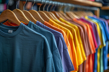 Sticker - Colorful T-Shirts on hangers in the store