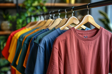 Poster - Rack with different stylish t-shirts on blurred background, closeup