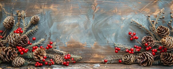 Poster - A wooden background with red berries and pine cones