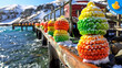A pier with a bunch of colorful candy canes on it