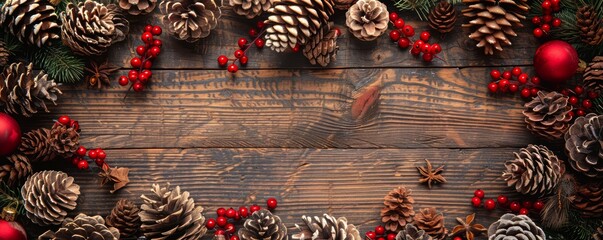 Poster - A wooden frame with a red border and a bunch of pine cones and berries. The frame is decorated with red berries and pine cones, giving it a festive and warm feeling