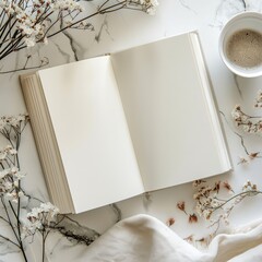 Poster - A book is open on a table with a cup of coffee next to it. The table is made of marble and the book is on top of a white cloth