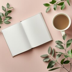 Poster - A book is open on a table with a cup of coffee next to it. The scene is simple and peaceful, with the book and coffee representing a moment of relaxation and contemplation
