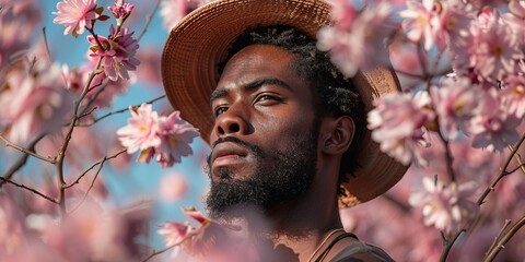 Trendy African American man surrounded by the blooming flowers