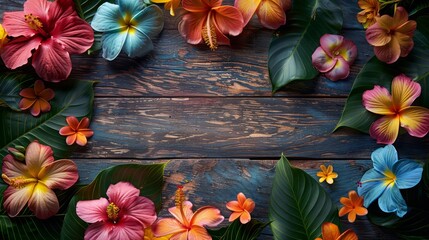 Poster - A colorful bouquet of flowers is arranged on a wooden surface. The flowers are of various colors, including pink, blue, and yellow. The arrangement creates a vibrant and lively atmosphere