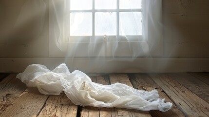 Wall Mural -   A cloth on a wooden floor, illuminated by light filtering through a window's pane