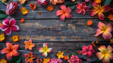 Poster - A wooden background with a large flower arrangement in the center. The flowers are of various colors and sizes, creating a vibrant and lively atmosphere