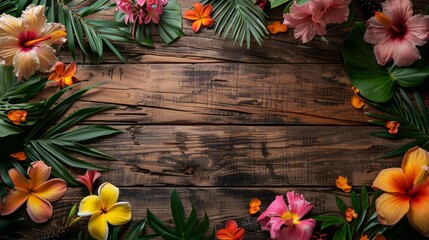 Poster - A wooden frame with a colorful arrangement of flowers and leaves. The frame is brown and the flowers are in various colors such as pink, yellow, and orange. The arrangement gives off a warm