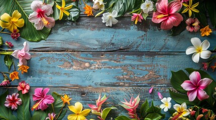 Poster - A blue wooden frame with a colorful arrangement of flowers. The frame is surrounded by a variety of flowers, including pink, yellow, and white. Scene is cheerful and vibrant