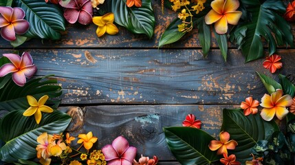 Fototapete - A wooden frame with a colorful arrangement of flowers and leaves. The frame is blue and the flowers are in various colors such as pink, yellow, and orange. The arrangement gives off a cheerful