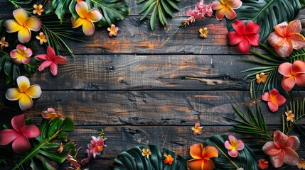 Poster - A wooden frame with a colorful arrangement of flowers and leaves. The frame is empty, but the flowers and leaves create a sense of life and vibrancy. The arrangement is full of bright colors