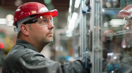 Wall Mural - A manufacturing plant worker wearing red safety glasses while inspecting a robotic system