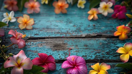 Poster - A blue wooden background with a variety of colorful flowers, including pink, yellow, and orange. The flowers are arranged in a circle, creating a sense of harmony and balance
