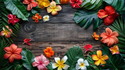 Aufkleber - A colorful bouquet of flowers is arranged on a wooden surface. The flowers include pink, yellow, and orange blossoms, as well as green leaves. The arrangement creates a vibrant and lively atmosphere
