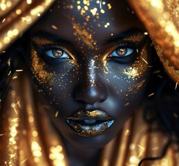 Wall Mural - A stunning black woman with brown eyes, adorned in golden metallic makeup and tribal face paint, exudes an aura of beauty and power. The beautiful African female's gold makeup