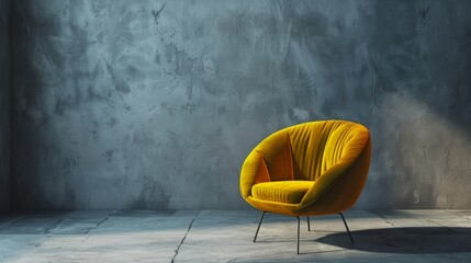 Wall Mural - Minimalist gray background for product photography with just one yellow round velvet armchair, grey wall and floor, with lots of space around the chair. 