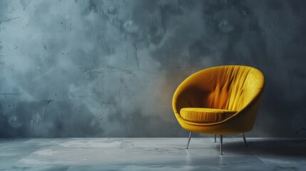 Wall Mural - Minimalist gray background for product photography with just one yellow round velvet armchair, grey wall and floor, with lots of space around the chair. 