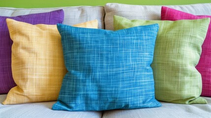 Wall Mural -   A close-up of several pillows on a couch against a green wall backdrop