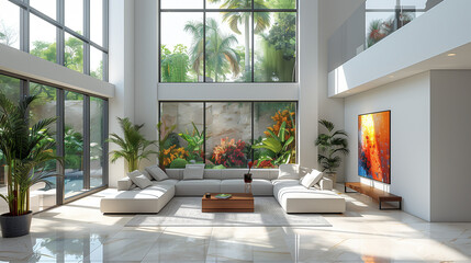 Poster - Modern living room with large windows, tropical garden outside, high ceilings and marble flooring. White walls, modern furniture, vibrant colors of the jungle outside through glass. Minimalist decor, 
