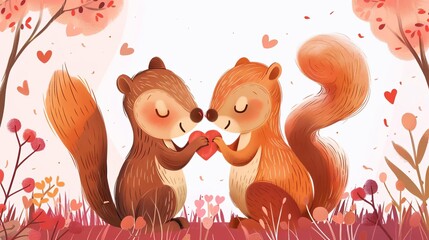 Wall Mural - playful squirrel couple in love on valentines day cute animal romance concept digital illustration