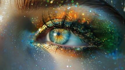 Wall Mural -   A close-up photo of someone's eye with sparkling glitter surrounding the iris