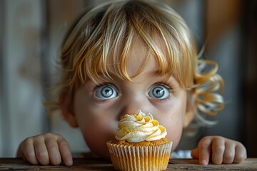 Poster - a child's eyes peeking over the edge of a table Grandma's kitchen one single cupcake, beeline eyes for cupcake, toddler wants the cupcake, eyes and top of head only