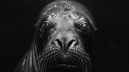 Wall Mural -   A monochrome image depicts a melancholic sea lion staring directly into the lens