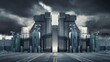 A massive, futuristic gate guards a high-security compound, featuring advanced surveillance and a stormy, ominous sky. The scene evokes a sense of mystery and danger.