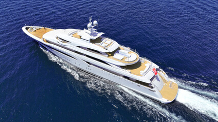 Wall Mural - Aerial drone tracking photo of beautiful modern super yacht with wooden deck and helipad cruising in high speed deep blue open ocean sea