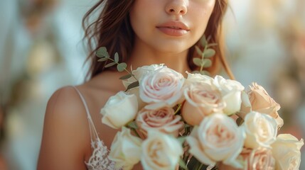 Sticker - beautiful young brunette woman wearing dress, on beautiful background holding bouquet 