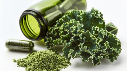 Poster - Kale, processed, in capsules into powder, white background