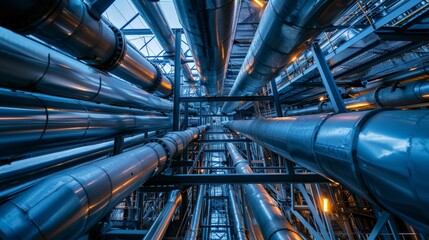 An intricate array of steel pipelines and valves overhead in an energy plant, shot from below