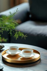 Canvas Print -  Close up of white circular two Tea cups, Sitting on a golden tray in a modern indoor setting.  The background has a black sofa, luxury style. 