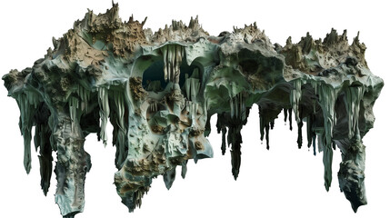 Underwater cave with intricate rock formations and stalactites, isolated on transparent background