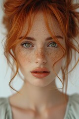 Poster - portrait of a unique looking gorgeous redhead woman, few freckles, clear facial features