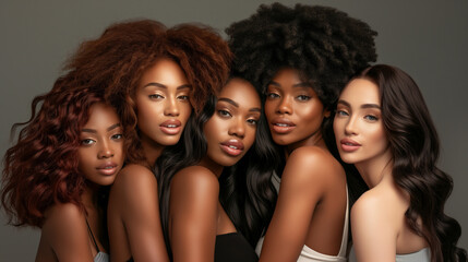 A hair photoshoot featuring a group of light-skinned Black women wearing various styles of pre-plucked lace wigs. This collection showcases the diversity and beauty of wig styles tailored to enhance n