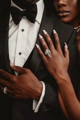 Poster -  black couple, man standing in a tuxedo with his hand crossed in front of him. Woman's hands on his chest, she has long nails and wearing jewelry