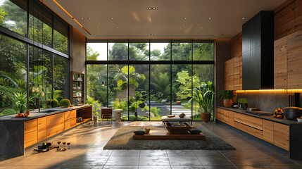 Poster - modern interior design, wood and black color kitchen with living room in the same space, floor to ceiling windows, garden outside, wooden cabinetry, japanese style furniture, large rug on ground, high