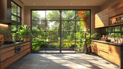 Poster - 3D rendering of a modern kitchen with a large window and glass door leading to a tropical garden. Morning light. Bright daylight. The rendering is in the style of a modern kitchen with a large window 