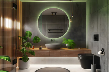 modern bathroom with led lighting, round mirror, and wooden elements. refined style design. 3d rende