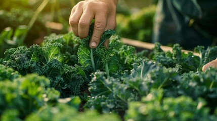 Canvas Print -  Hand harvesting vegetables, kale, bok choy, salad greens