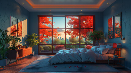 Poster - Modern bedroom with a large window overlooking the city, floor-to-ceiling windows, blue walls and ceiling, red trees outside the glass, orange plants on both sides of the bed, warm light in the room, 