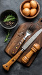 A wooden cutting board with a knife and fork on it